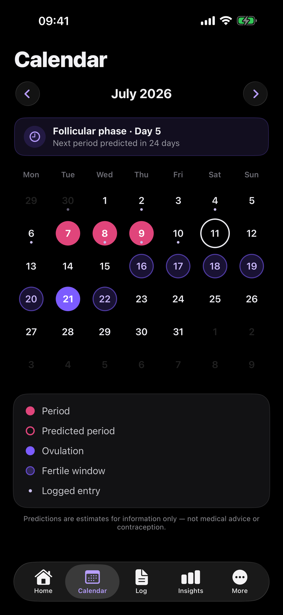 Simply Track calendar with color-coded period, fertile and ovulation days
