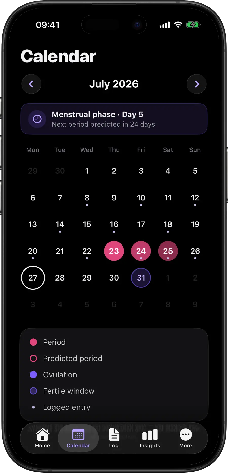 Simply Track calendar with color-coded period, fertile and ovulation days