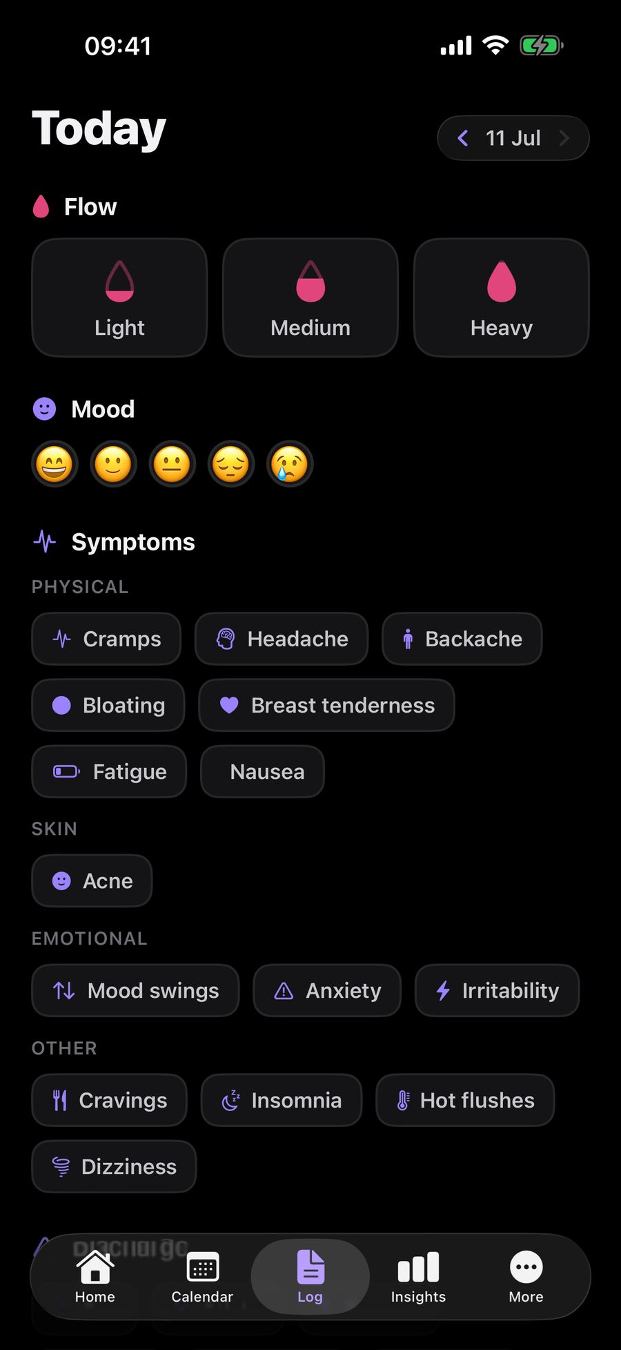 Simply Track daily log for flow, mood and symptoms